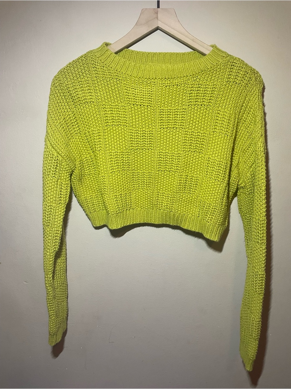 Willow & Wind Chartreuse Lime Green Cropped Knit Sweater S Textured Cozy